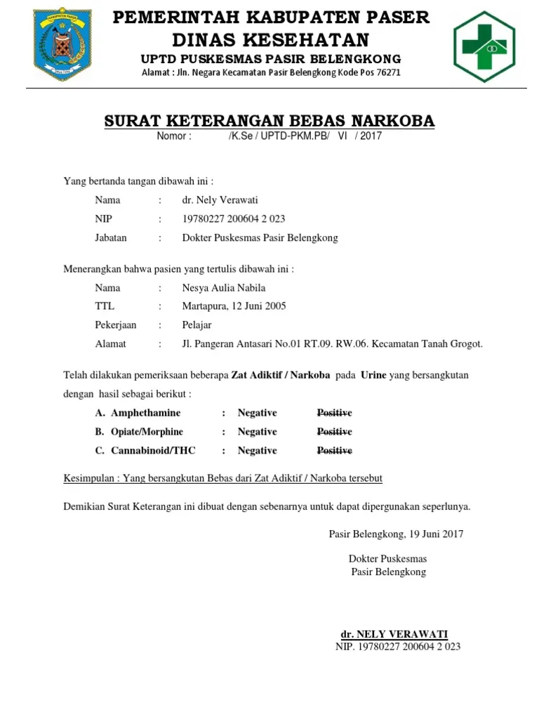 2. Contoh Surat Keterangan Bebas Narkoba dari Puskesmas