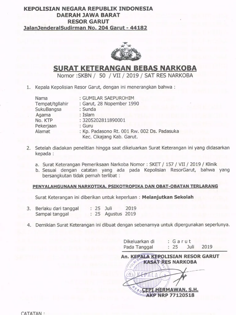 3. Surat Keterangan Bebas Narkoba dari Kepolisian