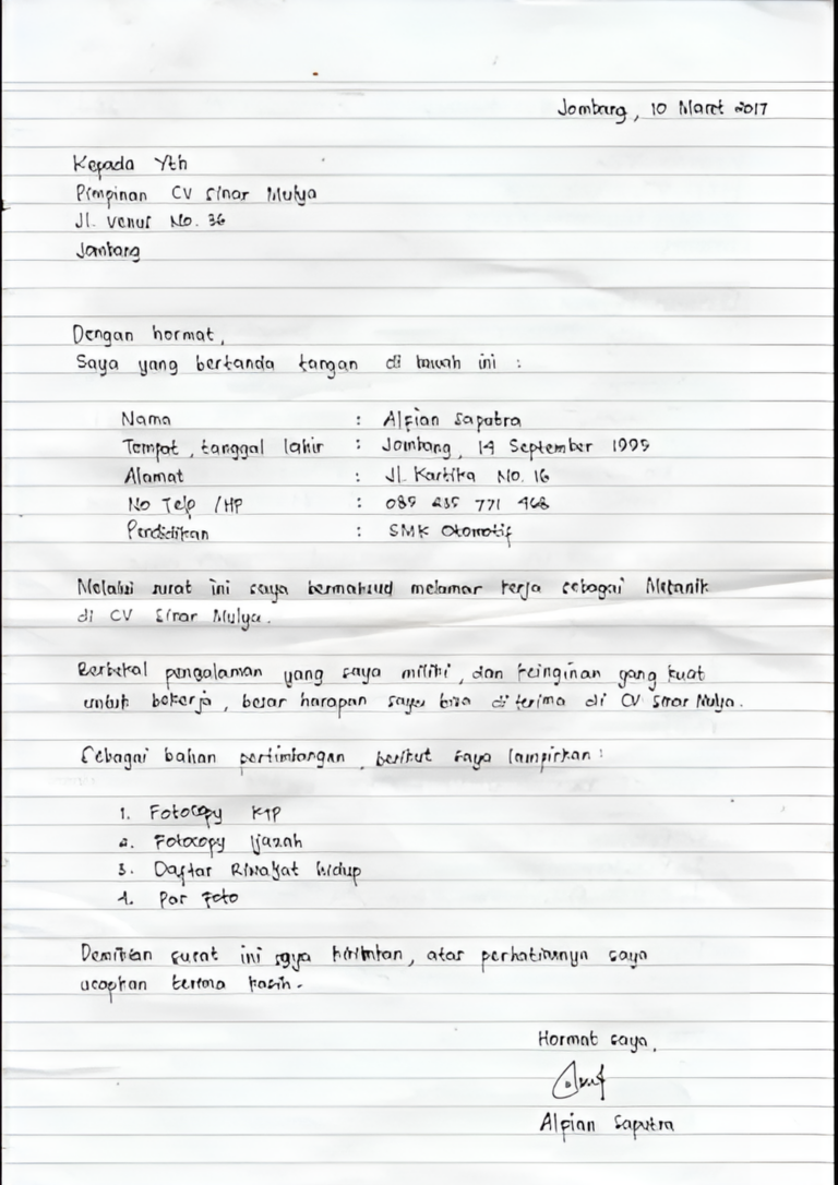 Contoh Surat Lamaran Kerja Tulis Tangan dan Trik Membuatnya