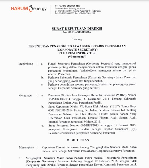 Surat Keputusan Direksi PT Harum Energy Tbk.