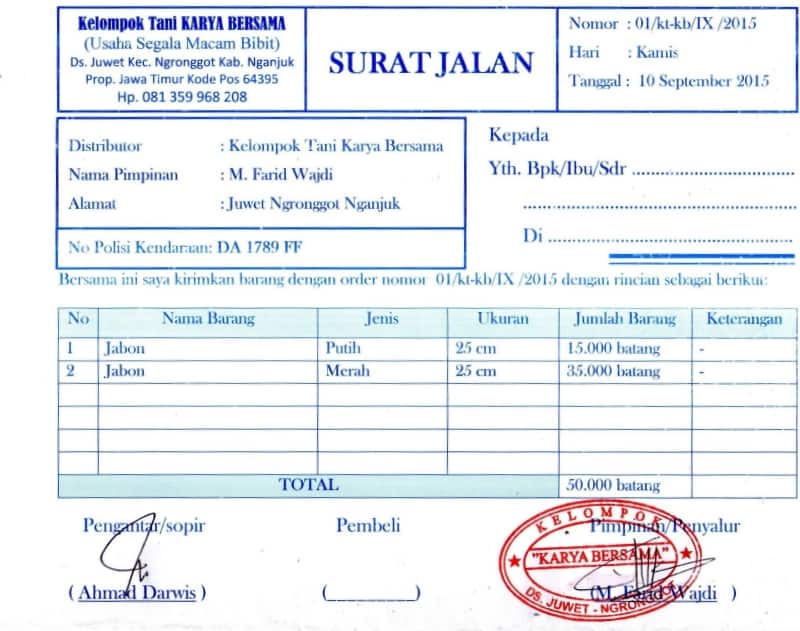 Contoh Surat Jalan untuk Pembelian Produk Pertanian