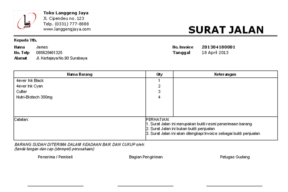 Contoh Surat Jalan untuk Toko Alat Tulis