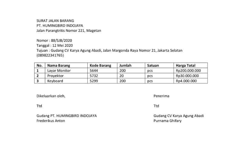 Surat Jalan Barang untuk Toko Elektronik