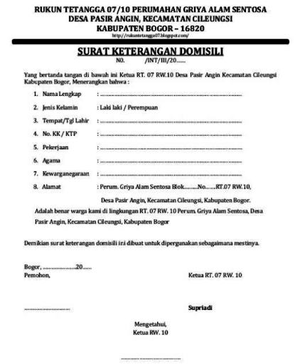 Surat Keterangan Domisili RT Format Kedua