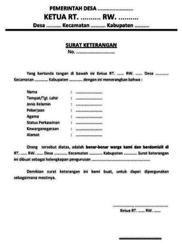 Surat Keterangan Domisili RT Format Pertama