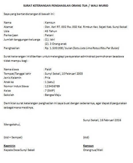 Surat Keterangan Penghasilan Permohonan Beasiswa