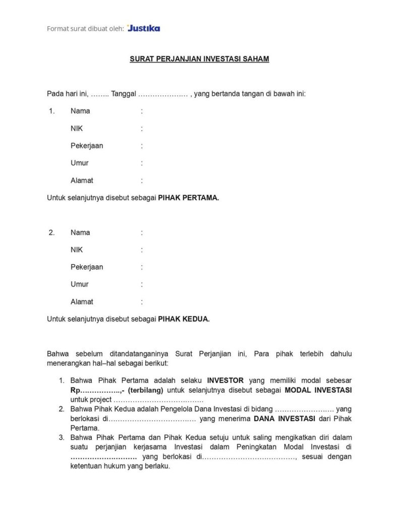 Surat Perjanjian untuk Investasi Saham