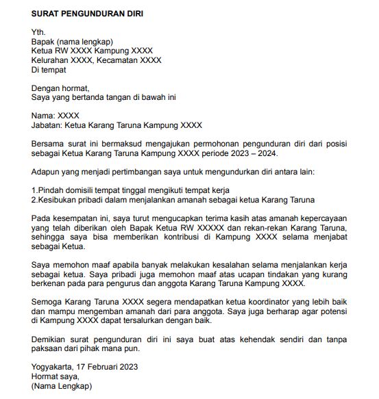 Surat pengunduran diri dari organisasi 7