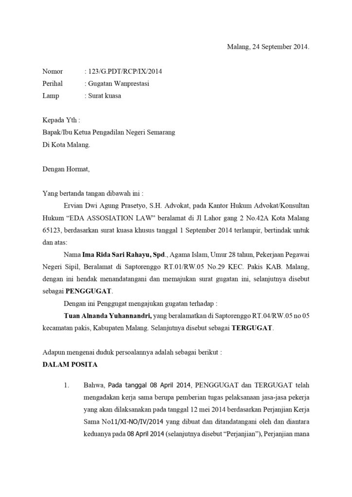 Surat Gugatan Wanprestasi page 0001