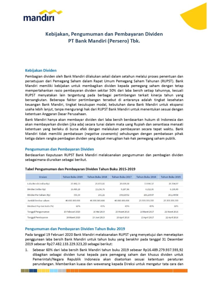 Kebijakan Dividen Bank Mandiri Indonesia 1