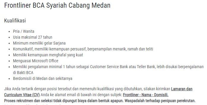 Lowongan Kerja Bank BCA Syariah Posisi Frontliner