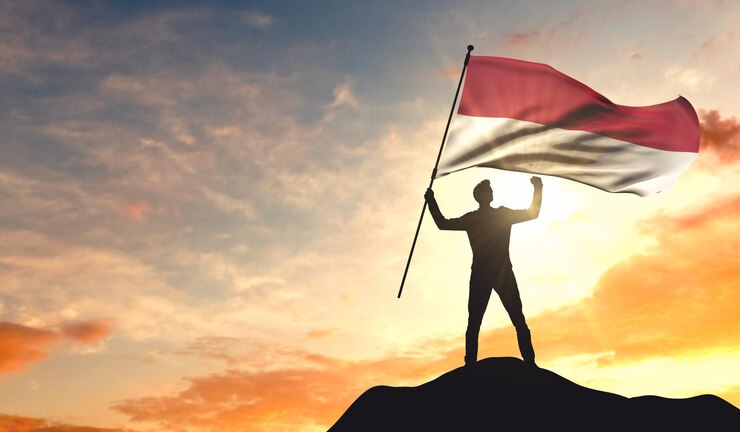 Seorang pria mengibarkan bendera