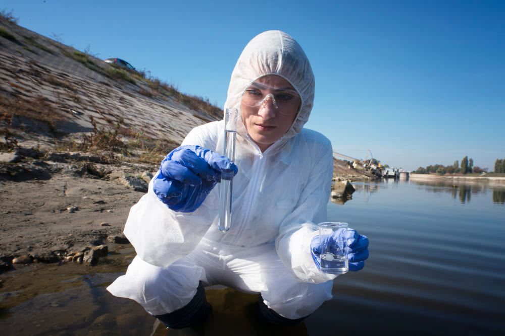 ecologist taking water sample from river with test tube examination 1