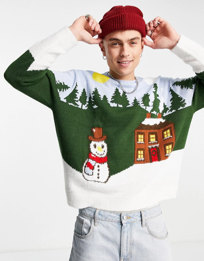 ASOS Design Knit Christmas Sweater with Snow Scene