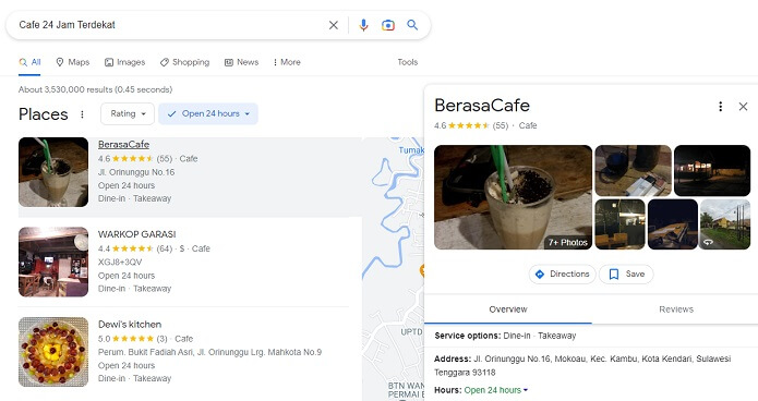 Cari Cafe 24 Jam Terdekat Lewat Google