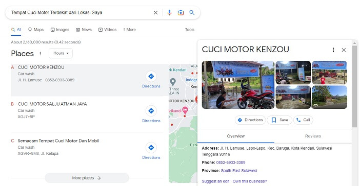 Cari Tempat Cuci Motor Lewat Google Search