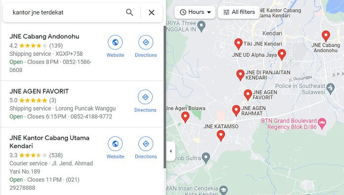 Pencarian lokasi kantor jne terdekat lewat google maps
