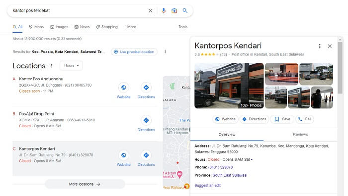 cara mencari kantor pos terdekat lewat pencarian Google