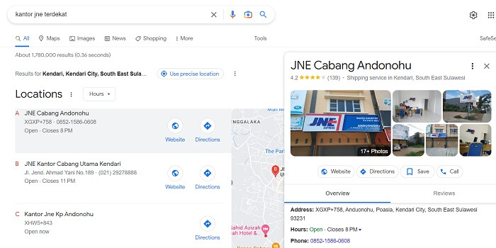 cek lokasi kantor jne terdekat lewat google