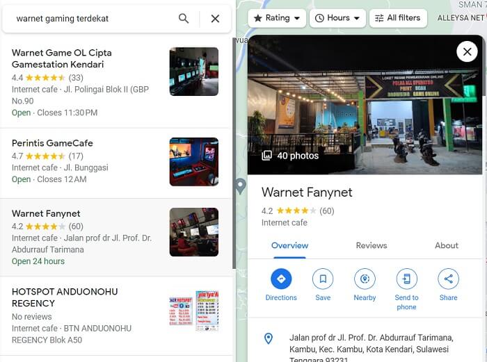 cara mencari Warnet Terdekat dengan Pencarian Google Maps