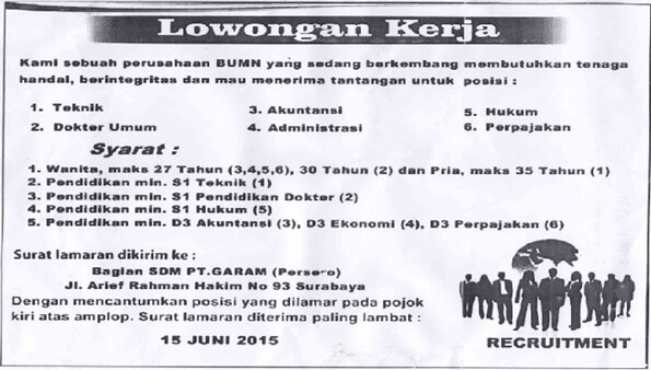 Contoh iklan kolom lowongan pekerjaan