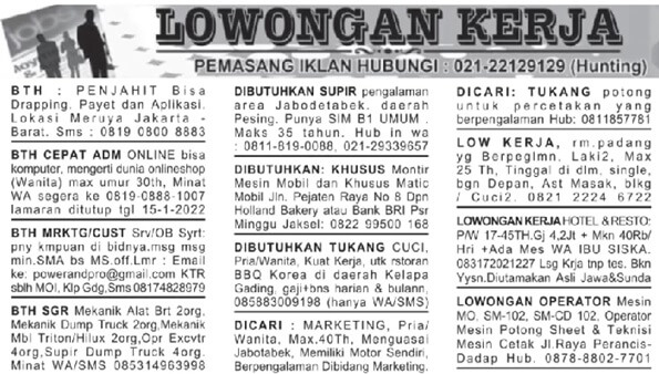 Contoh iklan lowongan pekerjaan di iklan baris surat kabar