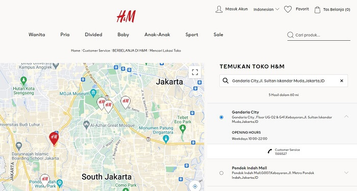 cara mencari toko H&M terdekat lewat website 