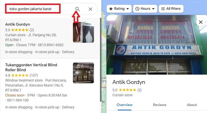 cara mencari toko gorden terdekat lewat google maps
