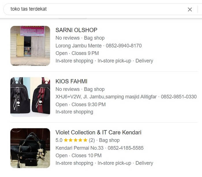 cara mencari toko tas terdekat lewat google search